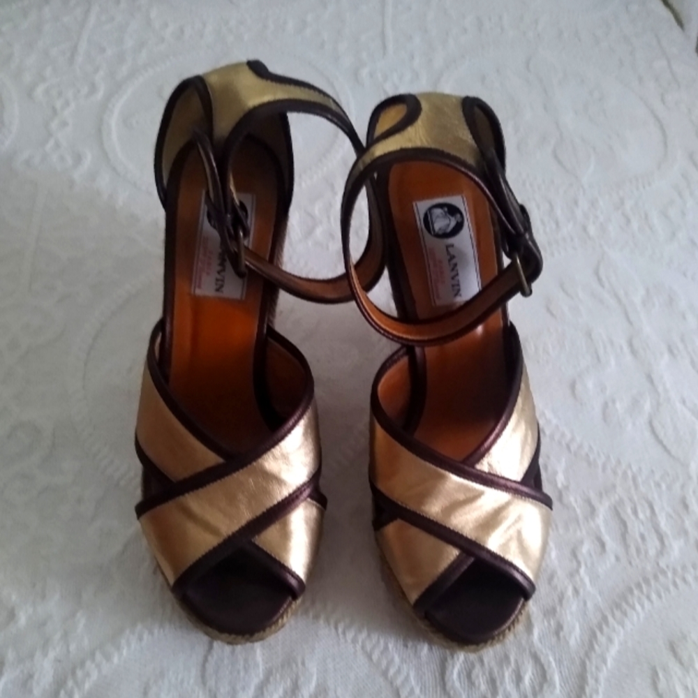 Lanvin Gold/Brown Leather Wedge Sandals
